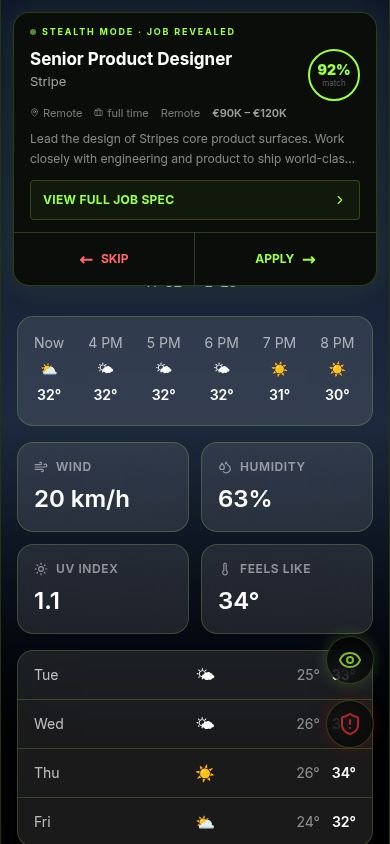 Tap to reveal: a matched role appears over the weather cover, with salary range and one-swipe apply.